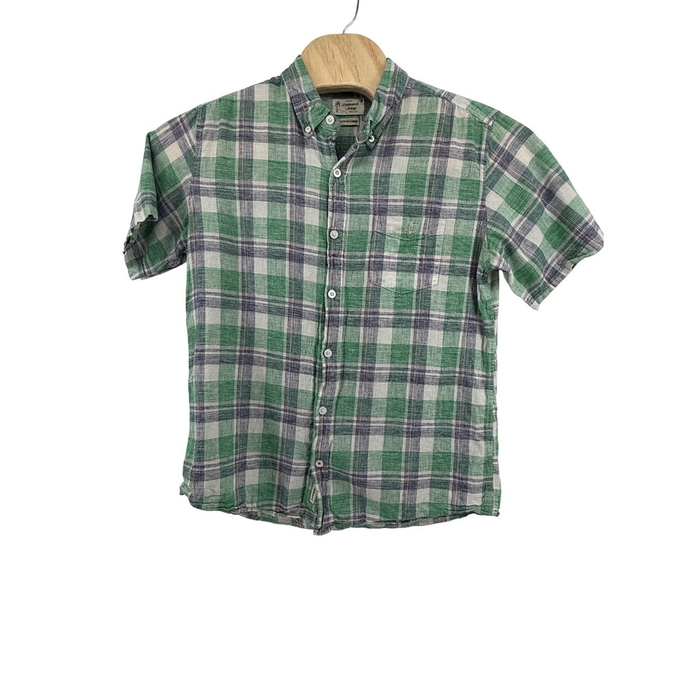 Weatherproof Button Up Shirt Mens Large Green Plaid Linen Blend Short‎ Sleeve